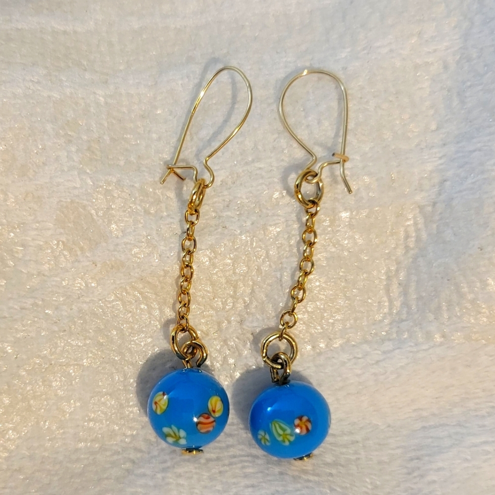 Vintage Blue Handpainted Bead 14K Dangle Earrings